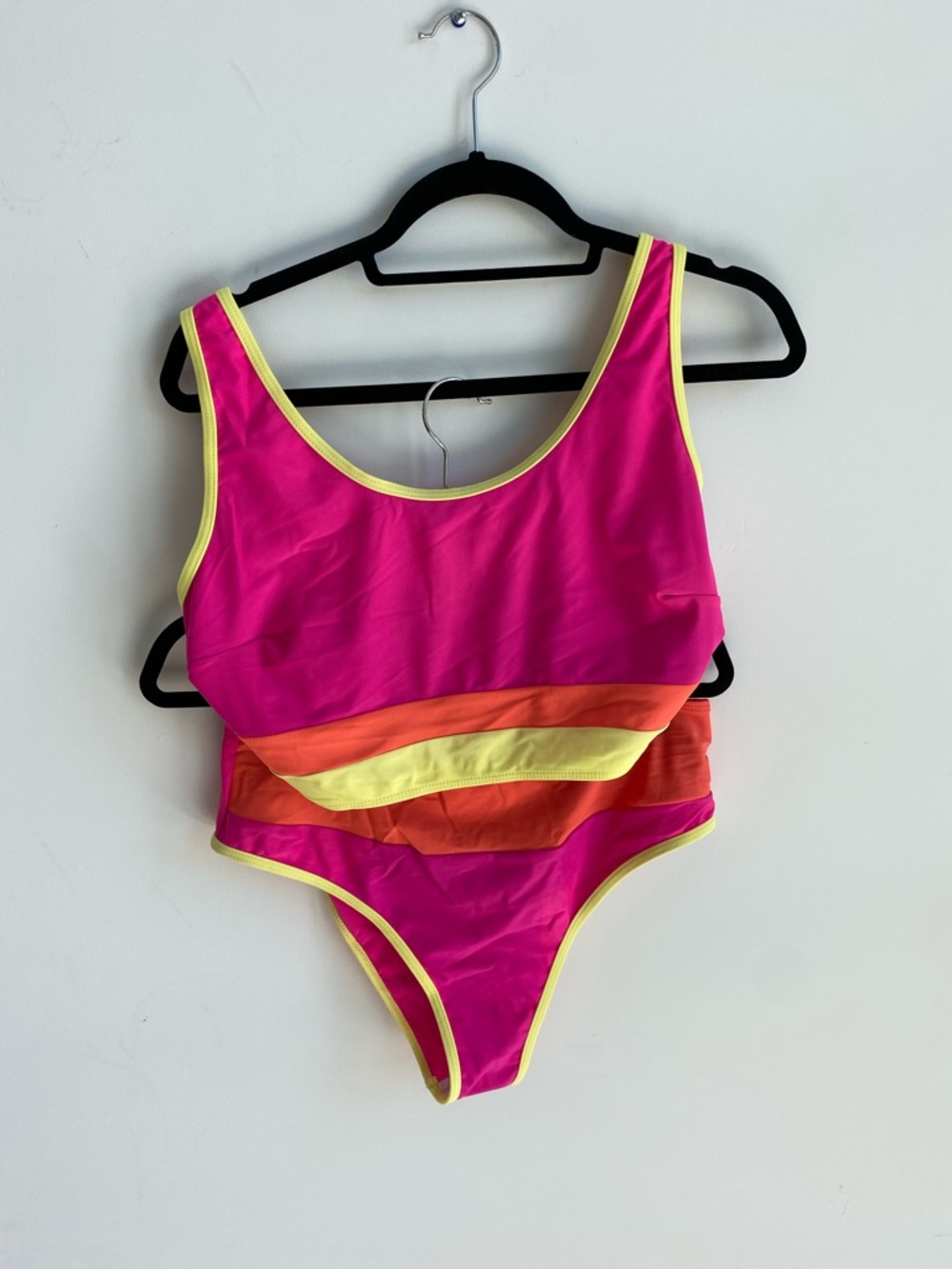 Bright Pink Colorblock Two-Piece Swimsuit with Neon Yellow Trim